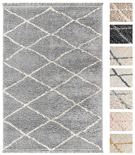 Wohnzimmer Shaggy Teppich 120 x 160 Silber Diamantmuster, Super Soft Moderner Hochflor Teppich