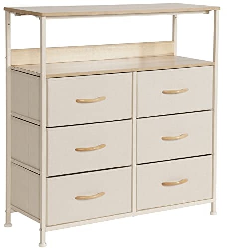 LYNCOHOME Kommode mit Regal, Stoffschubladen einfach zu montieren, 6 Schubladen Kommode mit stabilem Stahlrahmen und Holzplatte, für Schlafzimmer, Wohnzimmer, Schrank.(Beige)