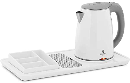 Royal Catering RC-HKS02 - Bollitore professionale per hotel, bianco, 1,2 L, 1800 W, con stazione per caffè o tè, bollitore elettrico