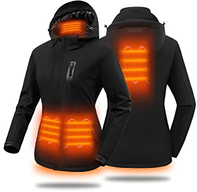 HEWINZE Beheizbare Jacke damen mit kapuze,softshell warme winterjacke damen mit akku 7.4V ,motorrad jacke für Outdoor Wandern Jagd Motorrad Camping