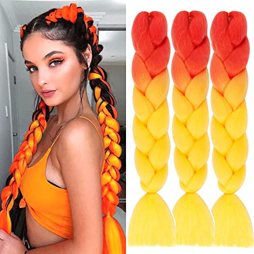 Colorfulpanda 3packs Rot Orange Gelb Braids Extensions,2 Farben 60 cm Kunsthaar zum Einflechten Zöpfe,Haarsträhnen zum Braiding Hair,Einflechten Haar Flechten Extensions für Haar Box Braid