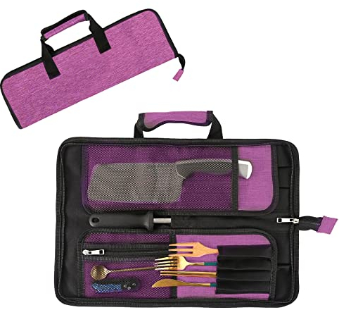 Qchengsan Chef’s Knife Roll Bag, Heavy Duty Oxford Chef Knife Bag, Portable 13 Slots Chef Knife Case, Multi-Function Cutlery Knives Pouch Holder Knife Wrap Wallet Tool Roll (Rose Red)