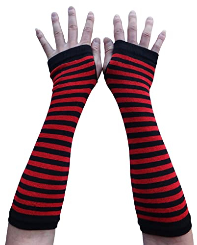 AUSUAYA Gestreifte Handschuhe, lang, fingerlos, gestrickte Armstulpen für den Winter, für Punk, Rock und Cosplay, Gothic, Halloween-Party, GB-WM-S-G5, Purpurrot und schwarz gestreift, One size