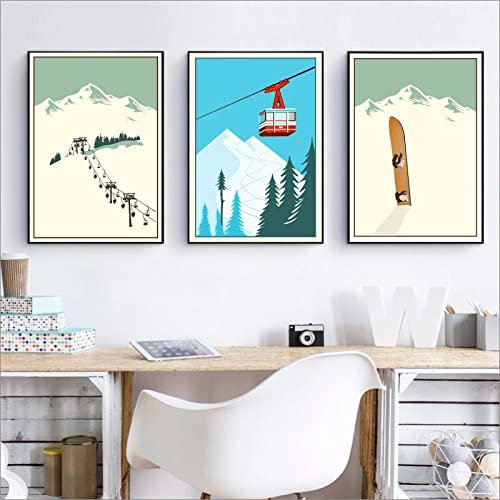 OTURRI Wintersport Skifahren Wand Bilder Bilder Vintage Reiseposter und Kunstdrucke Ski im Schnee Berg Leinwand Gemälde Winter Wohnkultur 40 x 60 cm x 3 ungerahmt