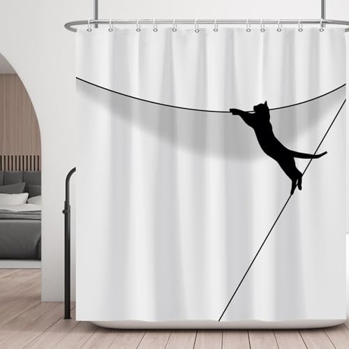 Ttincceer 180x180cm Rideau de Douche Chat Noir Mignon Abstrait - Dessin Animé Croquis Drôle Chat Escalade Mur - Rideau de Bain Étanche pour Baignoire