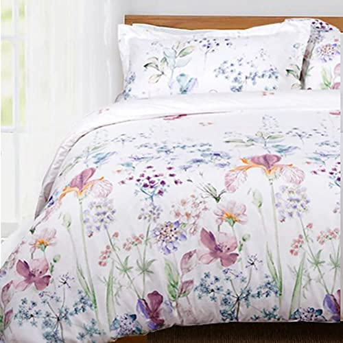 Lanqinglv Bettwäsche 155x220cm Weiß Lila Blätter Blumen Muster Pflanzen Wende Bettwäsche Set Bunt Microfaser Renforce Bettbezug mit Reißverschluss und Kissenbezug 80x80 cm