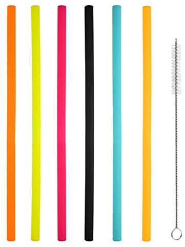 iJiGui 6 Pièces Pailles en Silicone Réutilisables Colorées, avec Brosse de Nettoyage, Paille pour Bubble Tea, Juice et Soda