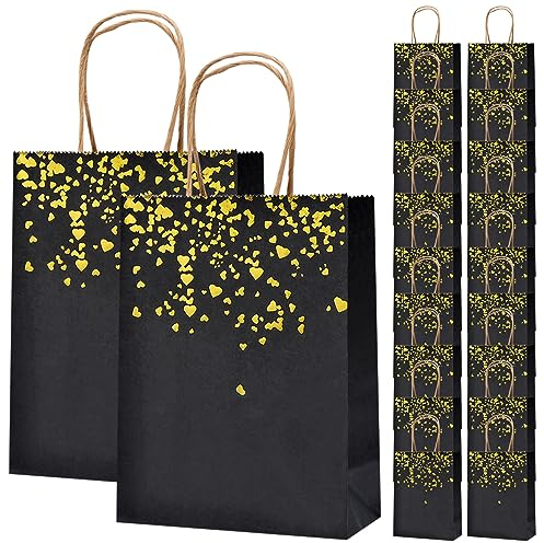 20 Stück Schwarz Gold Geschenktüten, Papiertüten mit Henkel, Goldenen Herzen Wiederverwendbar Kraftpapiertüten für Einkaufen, Hochzeiten, Verpackungen, Partys, Geburtstag