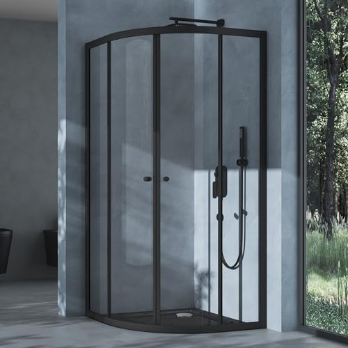 doporro Cabine de Douche Quart de Cercle 80x80x190cm Portes Coulissantes | Pare-Douche, Verre Transparent, Profilé Noir, Montage Réversible, avec Receveur, Ravenna32K
