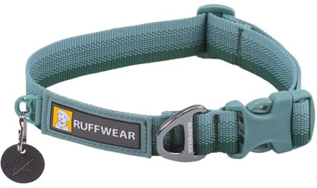 RUFFWEAR Front Range Collar, Large Dog Collar with Aluminium V-Ring, Adjustable Length Pet Dog Collar, Comfortable Soft Fabric, Animal Collar with Dog Lead Attachment Ring, 51-66cm, River Rock Green