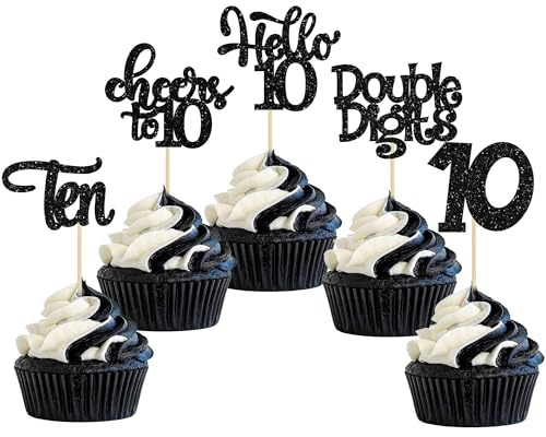 30Pcs 10th Birthday Cupcake Toppers Ten Double Hello 10 Cupcake Picks Cheers to 10 Years Old Cake Decorations for 10th Birthday Party Supplies Black Glitter