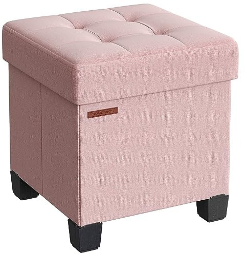 SONGMICS Storage Ottoman, Foldable Small Ottoman Foot Rest, 38 x 38 cm Foot Stool, Ottoman with Storage, Load up to 300 kg, for Living Room, Bedroom, Dorm, Jelly Pink LSF014R51