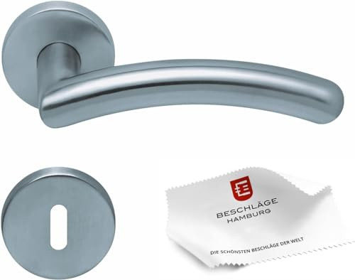 Beschläge Hamburg Türgriffe Türbeschlag scoop Form 1084 — Türklinken mit Buntbart Rosetten für Zimmertüren — Drückergarnitur/Türdrücker für Innentüren, 54 mm rund in Edelstahl matt