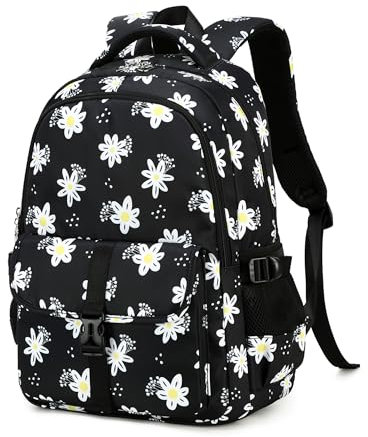 Zaino per ragazze con stampa di margherite o fiori, zaino casual per scuola elementare secondaria, C01-nero, C01, Floral Kids o Young Girls Style