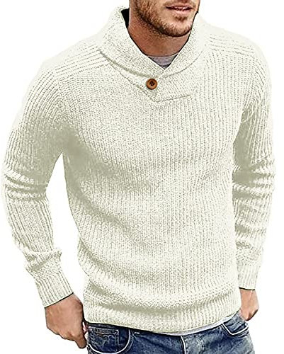 Runcati Mens Jumper Shawl Collar Fine Knit Pullover Winter Elegant Sweater Regular Fit Knitwear Tops, White, XL