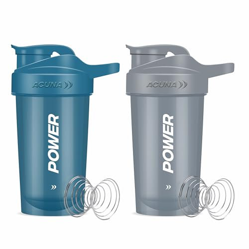 POWER Lot de 2 flacons shaker pour poudre de protéines, sans BPA, anti-fuite, avec bouchon à visser sécurisé, supplément de protéines pour salle de sport (gris - bleu arctique)
