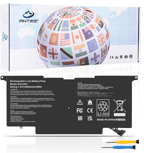ANTIEE C22-UX31 Laptop Batería para ASUS Zenbook UX31A UX31E UX31 UX31A-R4004H UX31E-DH72 UX31KI3517A Laptop Ultrabook Series C23-UX31 C21-UX31 7.4V 6840mAh/50Wh with Tools
