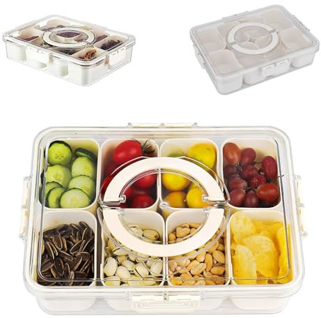 BTBHIHO Divided Serving Tray with Lid and Handle, Plastic Portable Snack Tray Containers Box with Compartments and Lid, 8 Removable Compartment Box for Snack, Spices, Candy, Fruits, Nuts, Veggie, Dip