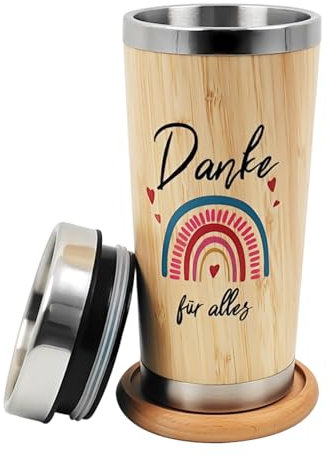 KATIMI Danke für Alles Thermobecher, Doppelschichtige Kaffeebecher to Go Thermo mit Untersetzer, Coffee to Go Becher Edelstahl, Thermobecher Kaffee To Go mit Gravur für Abschiedsgeschenk Kollegen