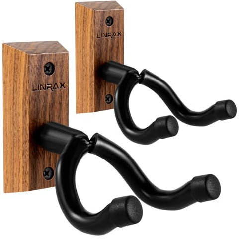 LINRAX Supporto da Parete per Chitarra, 2 Pezzi, Gancio Chitarra in Noce Nero con Viti, Porta Chitarra da Muro per Chitarra Acustica Chitarra Elettrica Basso Banjo Mandolino, Appendi Chitarra da Muro
