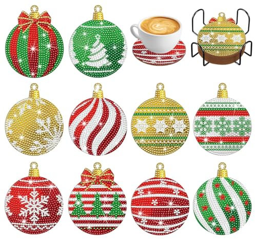 DELAESI Diamond Painting Coasters 10 Pcs Diamond Art Coasters 5D Diamond Painting Christmas Diamond Art Coasters Kits with Stand Christmas Painting for Cups Wine Glasses Vases