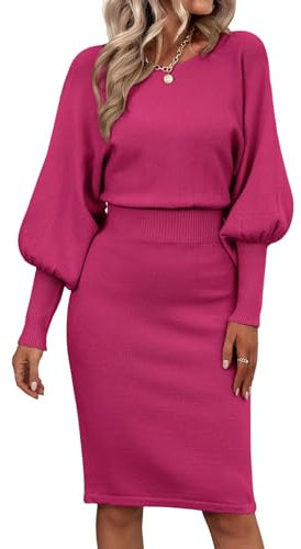 Aublinto Vestido de punto para mujer, farol, manga larga, vestido midi de otoño, informal, monocolor, elegante, cuello redondo, cintura estrecha, fucsia, L, Rosa rojo., XS-6XL