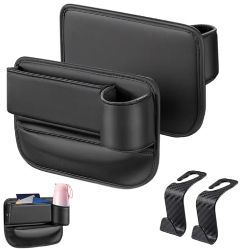 2PCS Car Seat Gap Storage Box with Cup Holder PU Leather Car Seat Gap Filler Organiser Side for Front Seat Car Gap Bag with USB Charge Hole with 2 PCS Car Seat Headrest Hook for Storaging