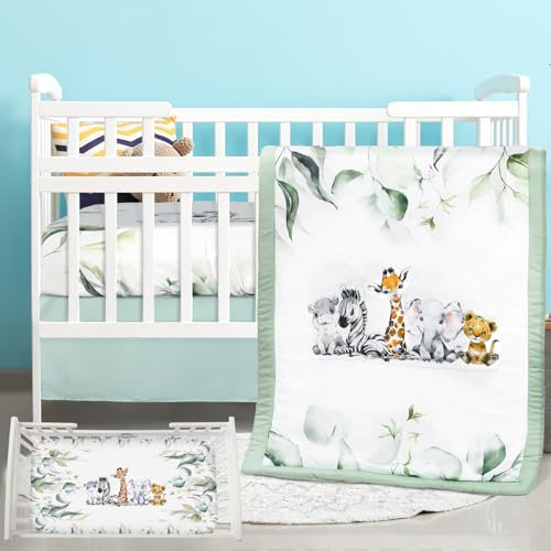 Hahafelt 3-teiliges Baby-Bettwäsche-Set für Kinderbett, Safari-Tiere, Dinosaurier, Bär, Waldtiere, Dschungel, Kinderbett-Set mit Steppdecke, Spannbetttuch, Rock für Babys, Jungen, Mädchen (Hellblau