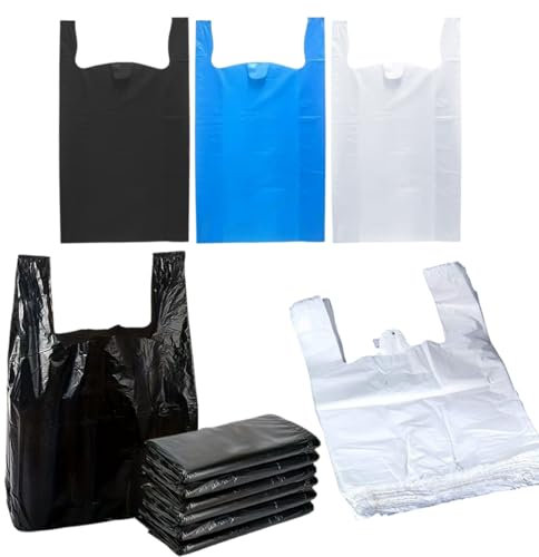 NCS35® Black Strong Plastic Carrier Bags with Handles – 100 Large Reusable Bags 11x17x21 Heavy Duty Shopping, Retail, Grocery, Takeaway, Eco-Friendly, Recyclable Shopping Bags