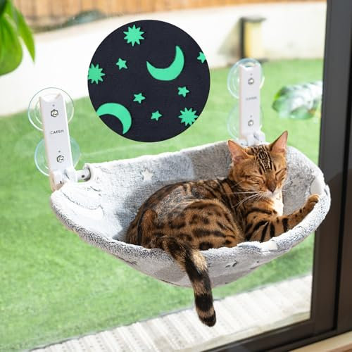 CATISM Pliable Hamac Chat Fenetre avec Étoiles et Lune Lumineuses, Chaise Longue de Fenêtre pour Chats Places de Fenêtre avec Ventouses Puissantes, Tissu Lavable, Hamac pour Chat (50 x 36.5 cm)