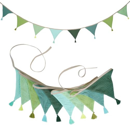 DMSESRLS Girlande Wimpelkette Kinderzimmer, Musselin Baumwolle Stoff Wimpelkette mit Quasten, 2.6m Wetterfest Wimpelkette Outdoor für Girlande Kinderzimmer Deko, Hausbett (Morandi Grün)