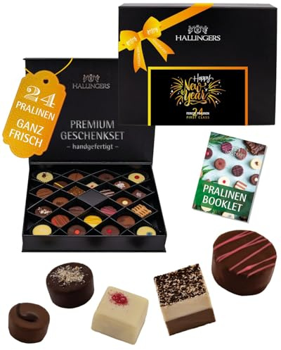 Hallingers Genuss Manufaktur Pralinen Weihnachts-Geschenk - ohne Alkohol, handmade aus Confiserie-Edelkakao in wertiger FirstClass-Geschenkbox Happy New Year, Weihnachten für Frauen Männer