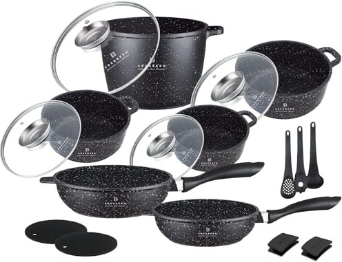Topfset, 4 Töpfe, 2 Pfannen + Küchenzubehör, Silikonfüße, Induktion, Deckel, Induktion Topfset