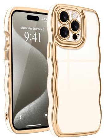 Teageo Hülle für iPhone 14 Pro, Eleganz Golden Rand Galvanisierte Wellenform Handyhülle Anti-Drop Stoßfest Kameraschutz Phone Case für iPhone 14 Pro, Beige White