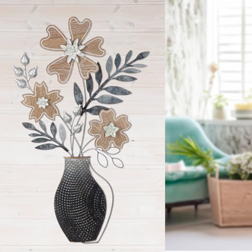 Casablanca Wandrelief Blumenbouquet aus Metall, anthrazitfarben/dunkelblau/weiß, strukturiert, Blumenmotiv, Blatt/Blume, 78x44 cm, Wanddeko Kunst Dekoration Wohnaccessoire