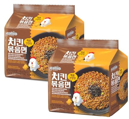 Paldo Korean Stir-fried Chicken Ramen Noodle with Spicy Soy Sauce 130g x 8 Individual Packets (Bag of 2)