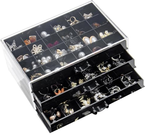 YUFONG Boîte de rangement pour boucles d'oreilles à 3 tiroirs en acrylique transparent avec 72 petits compartiments, cadeau pour femmes et filles (noir)