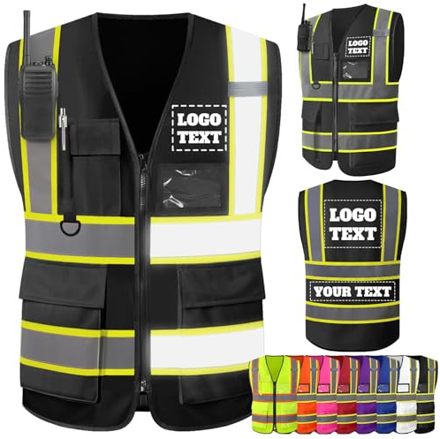 Gridachi Warnweste Sicherheitsweste mit Personalisierte Logo Text-individuellem Reflektierende,gut sichtbare,zweifarbige Arbeitsweste für Herren,Baujackenwesten mit Reißverschlusstaschen