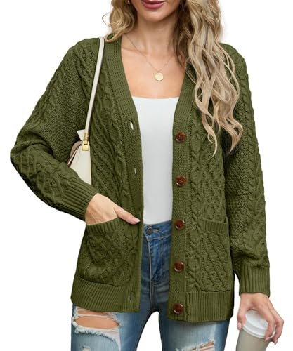 GRECERELLE Womens Cardigans Knit Aran Cable Long Sleeve Button Down Oversized Ladies Jumper Cardigan Knitwear with Pockets for Winter Fall Spring