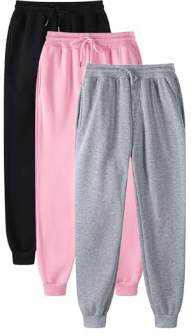 Lot de 3 Pantalons Sport Femme/Homme Ceinture Elastique avec Bas cintré Pantalons Long Uni-Couleur avec Poche À Cordon De Serrage Joggers Casual Pants pour Gym Sport Jogging Running