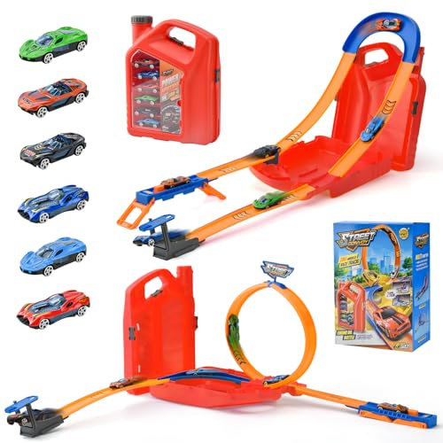 LTFIOON Autorennbahn für Kinder, Auto Spielzeug mit 6 Autos Looping Track, Aufbewahrungsbox, Portable Spielzeug autorennbahn, Autorennbahn Bauset für Kinder ab 3 4 5 6 7 8 Jahre (Rot)
