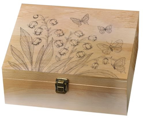 arricraft 1 Stück Erinnerungsbox Aus Holz Dekorative Erinnerungsbox Aus Holz Mit Maiglöckchen Schmetterlingsmuster Und Scharnierdeckel Für Jubiläumsfotos DVDs Buchstaben Schmuck 24.5x19.5x10.3cm