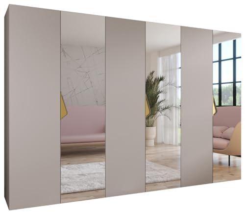 MEBLE KRYSPOL - Kleiderschrank - Garderobenschrank - 300 cm x 202 x 52 cm - Schrank mit Kleiderstange und Spiegel, 6 Türen - für Schlafzimmer, Flur - SANDI, Kaschmir, Griff Gold