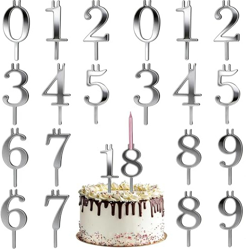 20 Pcs Number Candle Holders Set, Silver Reusable Digital Birthday Cake Candles Holder, Happy Birthday Cake Topper, Party Cakes Accessories for Birthdays Anniversaries Celebrations