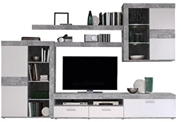 FORTE Zumba Wohnwand mit 2 Türen, 1 Glastür, 2 Schubladen und 1 Klappe inklusive LED-Beleuchtung, Holzwerkstoff, Betonoptik / Weiß, 300 x 41 x 200.90 cm