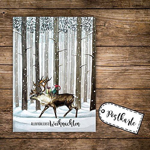 ilka parey wandtattoo-welt A6 Weihnachtskarte Postkarte Print Rentier & Zwerg im Wald mit Spruch Allerfröhlichste Weihnachten pk139