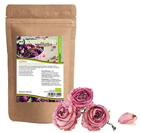 Mynatura Bio Rosenblütenblätter getrocknet 100g I Tee I Wellness I Essbar I Rosenblütentee I Naturprodukt I Deko I Naturkosmetik I Vegan I DE-ÖKO-044 I 100g