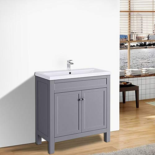 NRG Traditional Vanity Sink Unit Cabinet Basin Floor Standing 800mm Grey | Storage Furniture, 2 Shelves, Ceramic Basin, Aluminium Handles, No Tap/Waste