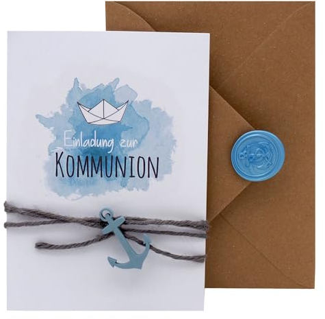 Einladungskarte Kommunion Konfirmation Taufe Karte Einladung Karte Papierschiff Kraft Natur Boot Schiff Siegel, Modell:Kommunion