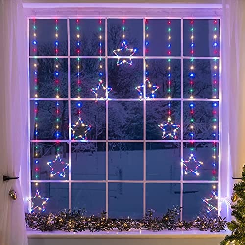 CHRISTOW Christmas Curtain Lights for Windows, 9 Star String Light Decoration, 325 Multi Coloured Micro LEDs, Indoor Outdoor Home Garden Xmas Lighting, Mains Powered with 5m Cable (H1.2m x W1.2m)